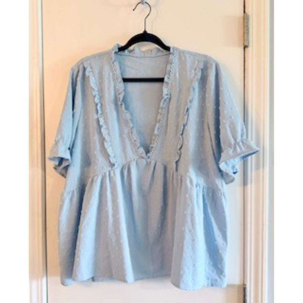 LanaWest Swiss Dot Puff Sleeve Blouse Blue Deep V-Neck XL 12 Lightweight